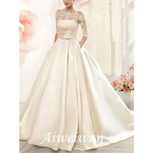 A-Line Wedding Dresses V Neck Court Train Chiffon Half Sleeve Glamorous See-Through Illusion Sleeve with Appliques 2021