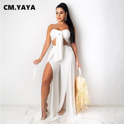 CM.YAYA Women Set Solid Sleeveless Strapless Bandage Crop Tops Empire Wide Let Splited Pants Two 2 Piece Sets Sexy Outfit Summer
