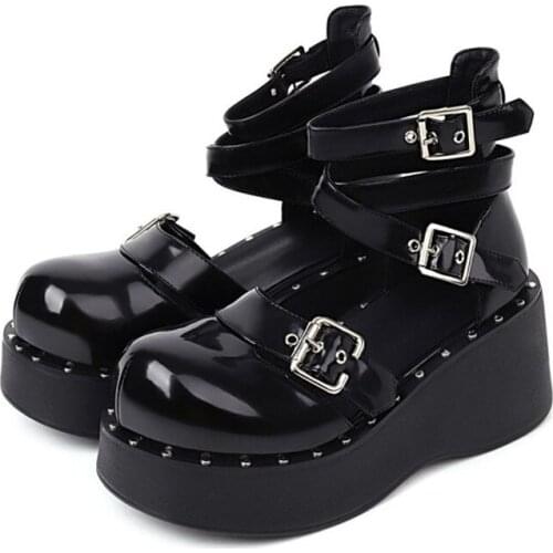 PXELENA Punk Rock Thick Sole Platform Creepers Wedge High Heels Buckle Rivet Cross tied Gladiator Cosplay Shoes Plus Size 34-43