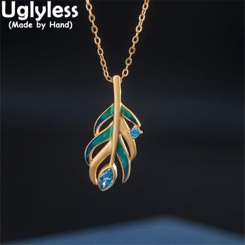 Uglyless Exotic Colorful Peacock Feather Jewelry Sets for Women Zircons Crystals Rings Pendants Necklaces + Chains 925 Silver