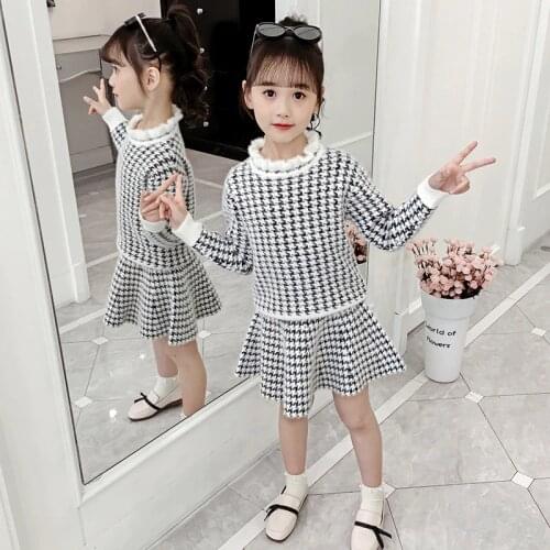 Girl spring new fashion suit Girl plaid sweater dress suit Girl mink knitted sweater set Girl sweater dress suit