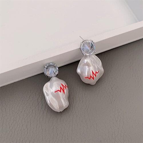 VSnow Statement Unusual Irregular Baroque Natural Pearl Dangle Earring for Women Cubic Zircon Red Hand Painted Earring Jewelry