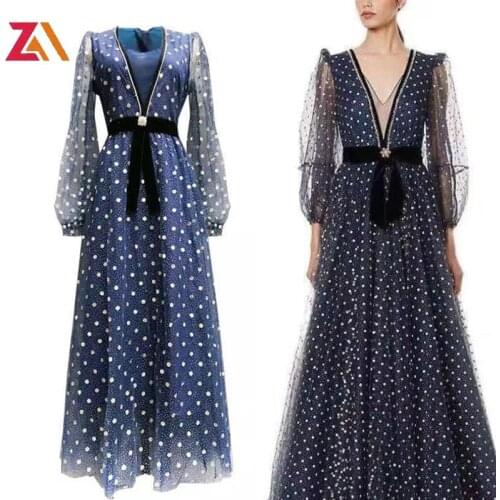 ZALady designer runway v-neck maxi dresses for women polka dot long sleeve bow elegant party dinner Festive long dress vestidos