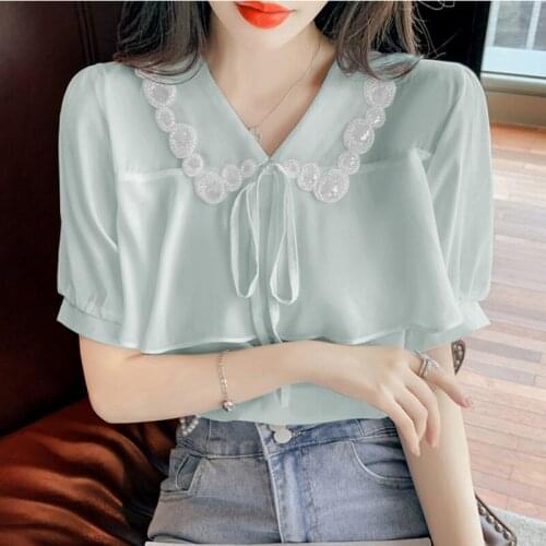 Western style womens short-sleeved chiffon shirt, thin summer new style, thin and belly-covering top