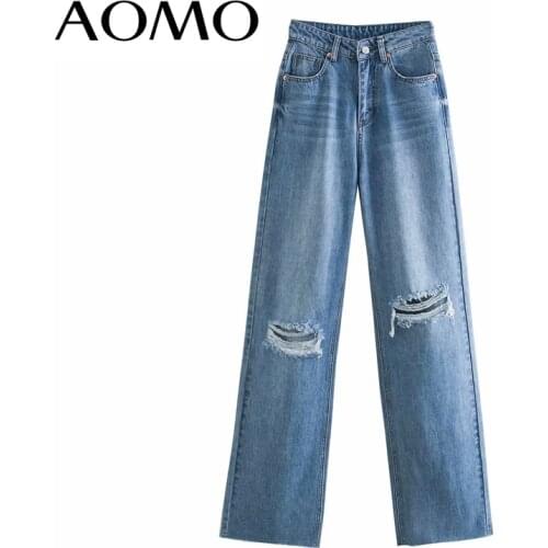 AOMO Fashion Women Hollow Ripped Blue Denim Jeans Pants Trousers High Waist Lady Pants Pantalon 4M02A