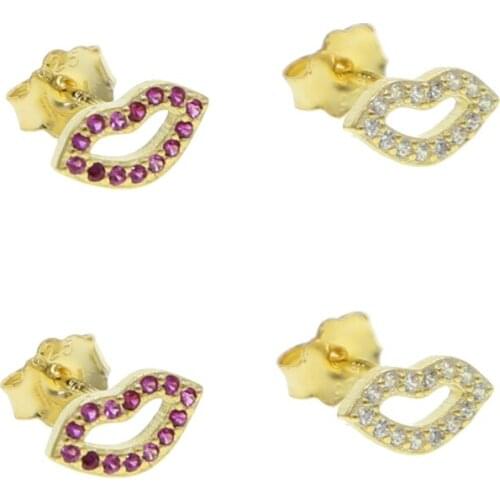 100% 925 sterling silver high quality gold color micro pave cz white red Ruby Lips minimalist lovely cute Stud Earring for girls