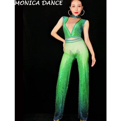 Women Sexy Sparkly Green Rhinestones Jumpsuit Evening Costume Womens Birthday Outfit Female Singer Stage Stretch Dance Bodysuit