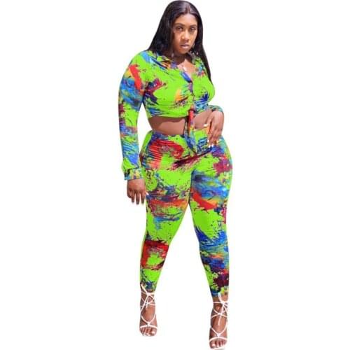 2 Piece Set Spring Autumn Sexy Print Women Long Sleeve Shirt Blouse Top And Pants Sets Outfits Tight Fashion Vintage Streetwear