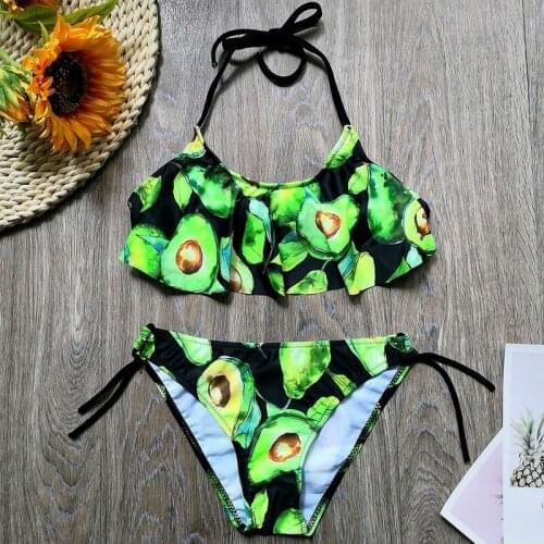 7-14 Years Girl Swimsuit Kids Tropical Avocado Print Teenage Girl Bikini Set Halter Top Girls Bathing Suits Childrens Swimwear