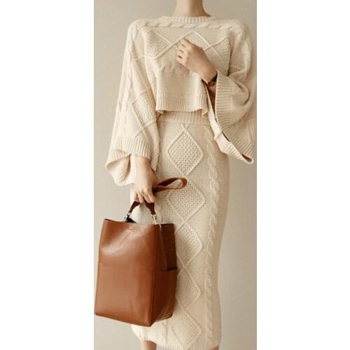 Autumn Winter Office Lady Knitted 2-Piece Set Batwing Sleeve Top Sweater Skirt Casual Suit Solid Sweater Set