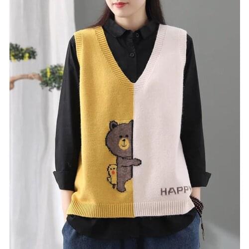 Autumn Bear Knitted Vest Women Loose V-neck Waistcoat Casual Color Matching Sweater Sleeveless Vest Top Winter Clothes Women