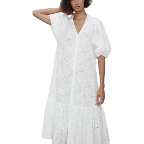 2021 ZA White Openwork Embroidered Eyelet Midi Dress Women Puff Sleeve Ruffle Hem Party Dresses Female Cotton Summer Vestidos