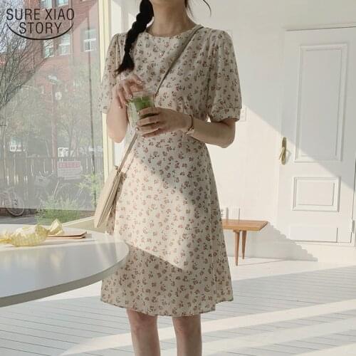 2021 Fashion Korean Style Wild Slim Short Sleeve Jupe Femme Preppy Summer Dresses Vintage Simple Printed Floral Midi Dress 9596