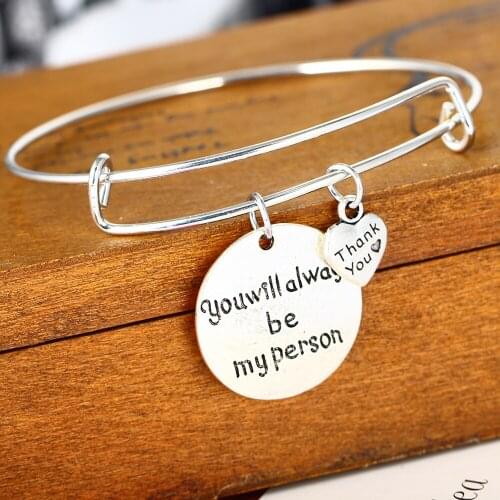 12PC You Will Always Be My Person Round Pendant Bangles Thank You Heart Charm Pendant Bracelets Women Men Lovers Couples Jewelry