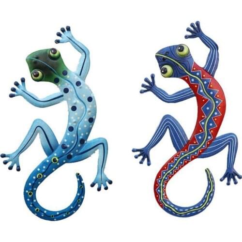 2 Pcs Handmade Metal Gecko Statues Lizard Sculpture Art Crafts Garden Wall Decor