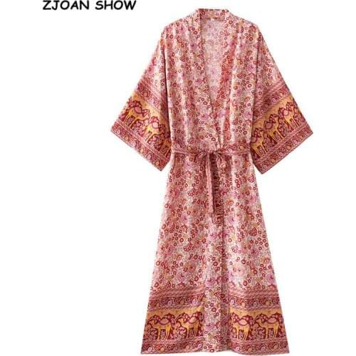 2021 BOHO Locate Coral red Floral Print Long Kimono Shirt Hippie Women Bandage Tie Bow Sashes Cardigan Loose Blouse Tops Holiday