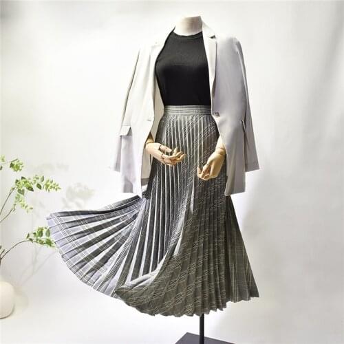 2021 High quality Spring Plaid Skirt Long Pleated Skirts Women Top Brand Female Saias Midi Faldas Vintage Women Midi Skirt Femme