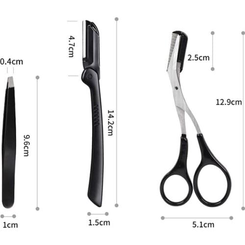 3pcs/Set Black Eyebrow Tweezer Flat Tip Eyebrow Razor Trimmer with Replaceable Comb Stainless Steel Makeup Set