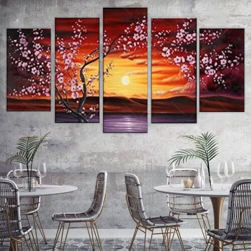 5 Panels Plum Tree Blossom Modern Giclee Canvas Prints Flowers Artwork Contemporary Abstract Floral Paintings Wall Art Home Deco