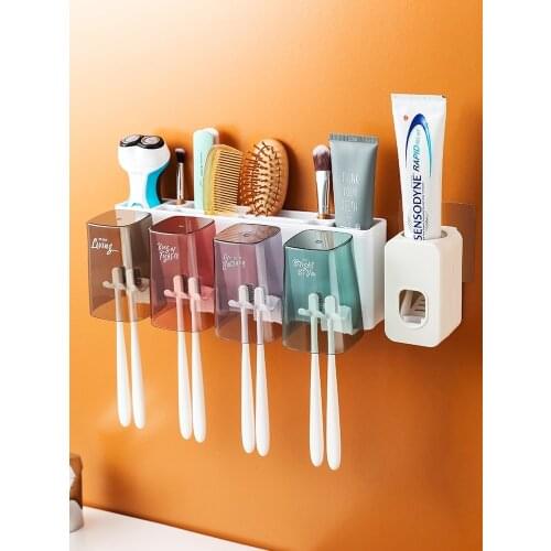 Bathroom Toothbrush Holder Automatic Toothpaste Dispenser Wall Mount Storage Rack with Toobrush Cups Bathroom Accessories Set