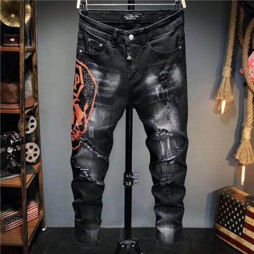 European Style Men plein Brand Jeans Mens Slim Denim Trousers Black Jeans Straight Skulls Biker Hole Black Jeans Pants for Men