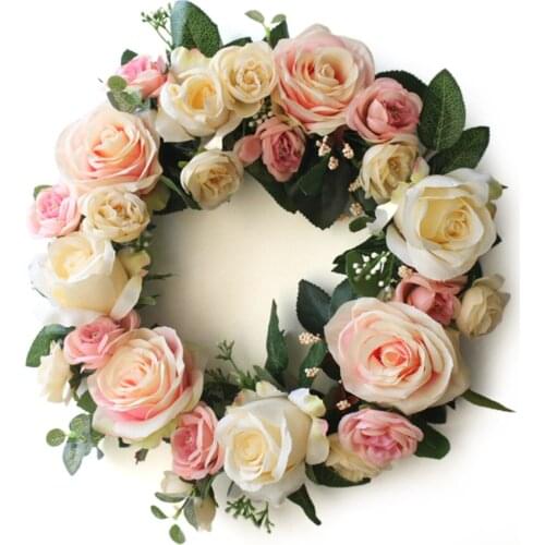 Garland Rose Wreath Hanging Door Flower Simulation Silk Cloth Plastic For Home Wedding Decoration Outer Diameter 38cm Flowers