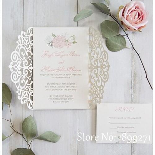 Laser cut floral crown square custom metallic silver paper luxurious wedding invitation card greeting card