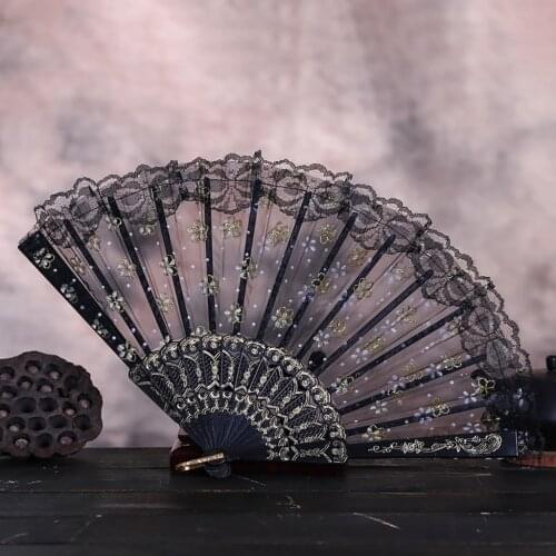 Best Chinese Style Fan Dance Wedding Party Lace Silk Folding Hand Held Flower Fan Women Photo Prop Tool Art Craf Wholesale