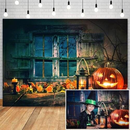 Mocsicka Halloween Backdrop Vintage Window Horror Pumpkin Lantern Decor Children Photocall Background Photo Studio Props