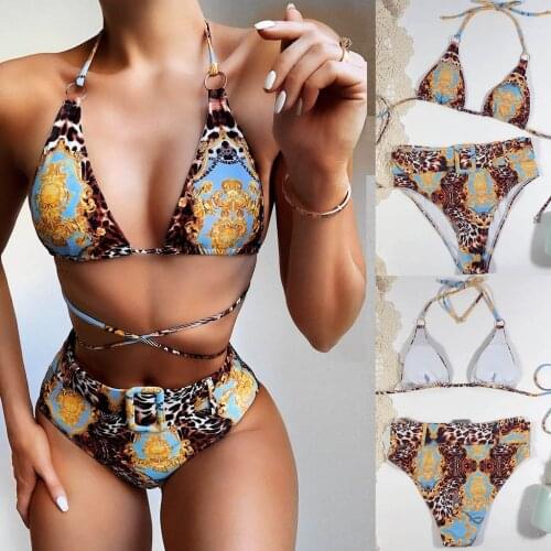 Fashion Women V-Neck Print Bikini Push-Up Pad Swimwear Swimsuit Beachwear Set Summer Swimming Suit купальник женский 2021