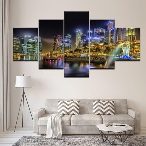 5 Panel Singapore night scene HD Wall Art Picture Top-rated Canvas Print Painting For Living Room Decoration Picture Framed