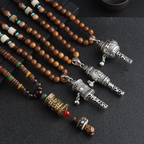 New Tibet Prayer Wheel Charms Pendant Necklace Buddhist Mala Wood Beads Necklaces Vintage Mantra Long Sweater Necklace