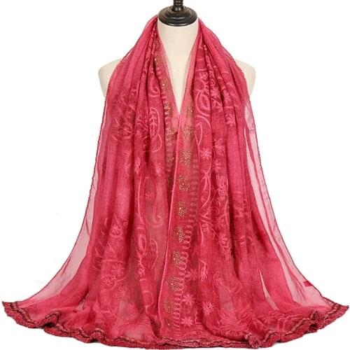 New design embroidered cotton scarf glitter diamond muslim hijab solid color shawls fashion tassels scarves 180*100cm