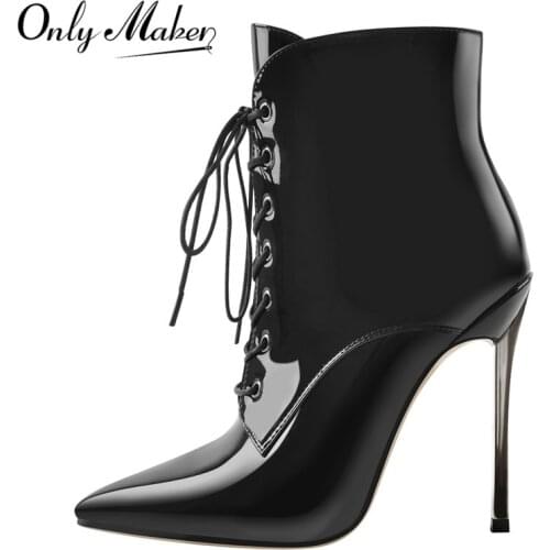 Onlymaker Womens Pointed Toe MetalThin High Heel Lace Up Ankle Booties Stiletto Side Zipper Boots Big size
