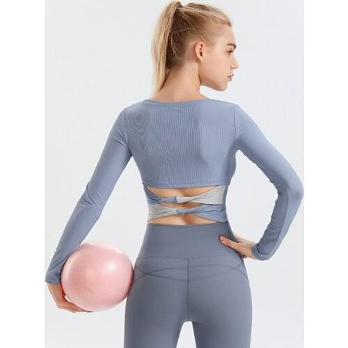 Autumn Women Back Hollow Out Yoga Shirts Quick-Drying Elastic Tight Long-Sleeve Running Fitness Sports T-shirt