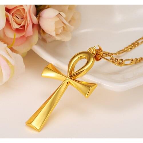 Gold filled gyptian Ankh Big Cross Pendant Necklace Chain Woman Gold Color Charms Jewelry Girls Egypt Hieroglyphs