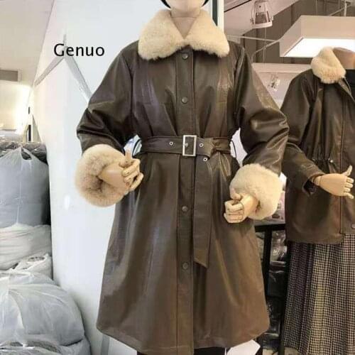 Plus Size Thick Winter Coat Women Pu Leather Jacket Warm Russian Outwear Lamb Fur Mid-Long Jackets Parkas Woman