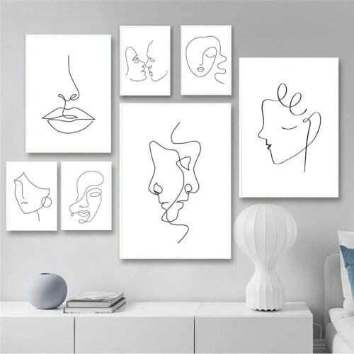 Line Drawings Couple Kissing Canvas Art Female Face Minimalist Decorative Painting Abstract A3 A4 A5 Prints Girl Bedroom Artwork