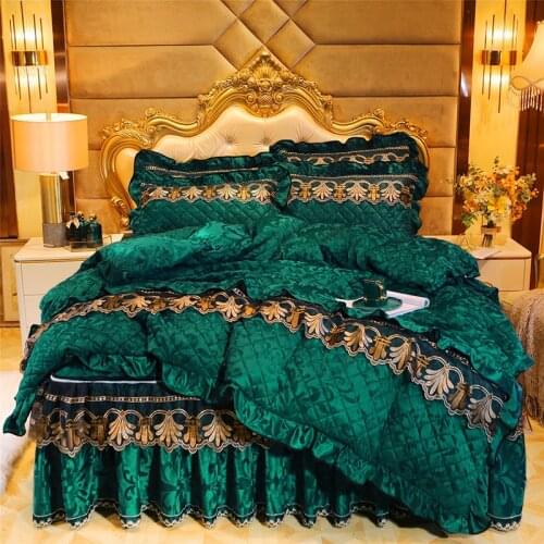 Luxury European Style Jacquard Winter Warm Crystal Velvet Bedding Set Lace Duvet Cover Set Thicken Quilting Bedskirt Pillowcases