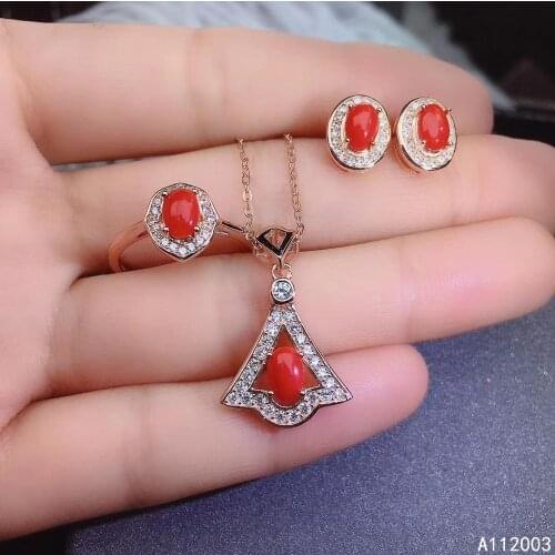 KJJEAXCMY Fine Jewelry 925 sterling silver inlaid natural gemstone red coral ring pendant earring set vintage supports test