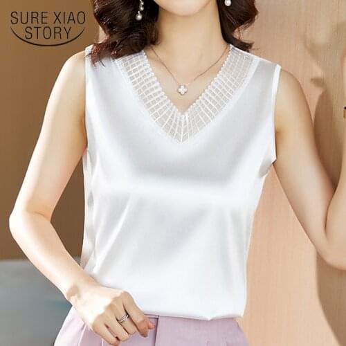 Loose Solid Satin Clothing Plus Size 5XL Sleeveless Summer Blouse Women New V Neck Silk Womens Shirt Fashion Tops Blusas 13734