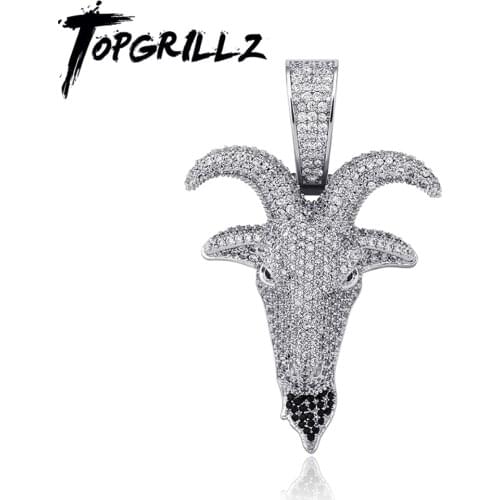 TOPGRILLZ New Iced Goat Pendant In White Gold Full Micro Pave Cubic Zirconia Pendant With Big Clasp Hip Hop Punk Jewelry Gift