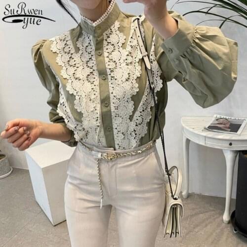 Vintage Korean Stand Collar Single-row Buckle Lace Stitching Womens Shirts and Blouse Loose Lantern Sleeve Shirt Woman 12767