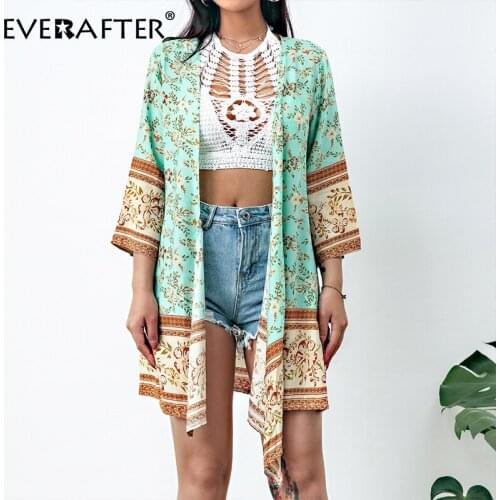 EVERAFTER Beach Cove Up Summer Long Open Frnot Kimono Shirt Women Three Quarter Sleeve Floral Print Boho Loose Female Blouses