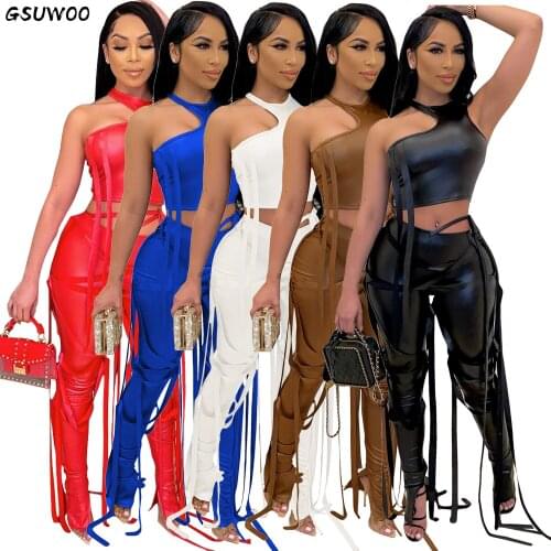 GSUWOO PU Leather Bandage Two Piece Sets Women Sexy One Shoulder Crop Top + Lace Up Slit Hem Pants Party Clubwear Matching Set