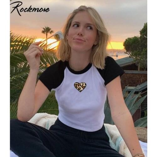 Rockmore Y2K Heart Embroidery Crop Tops Women Vintage Casual Leopard Patchwork Tshirts Harajuku 90s Aesthetic Cute Tees Brown