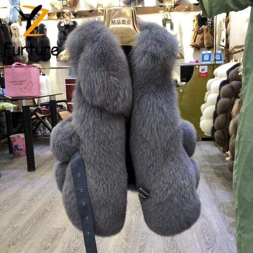 Women Winter Fox Fur Vest Coat Adjustable Sashes Fashion Sleeveless Short Jacket Natural Fox Fur Waistcoat Slim Gilet Fur Vest