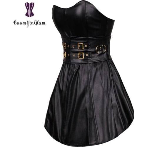 Black Gothic Punk Womens Long Torso Boned Corset Bustier Leather Clubwear Dress Zip Back 9003