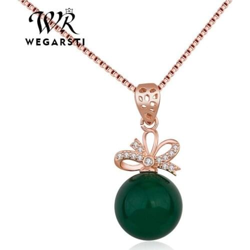 WEGARSTI 925 Sterling Silver Necklace Jewelry Rose Gold Green Agate Pendant Necklace For Women Engagement Gift