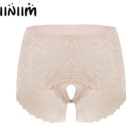 Iiniim Womens Female See-through Lace Patchwork Lingerie Panties Mid Waist Open Crotch Crotchless Briefs Sissy Underwear Bottoms